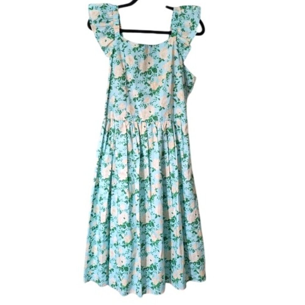 Blueberi Boulevard 100% Cotton Green‎ and Cream Floral Midi Dress Size L